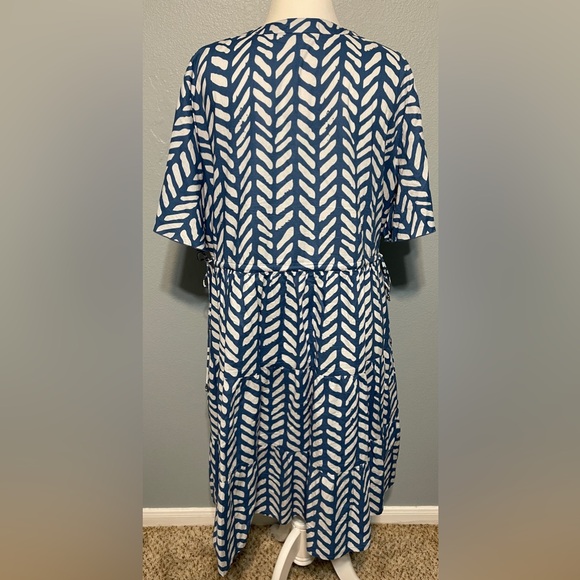 Adrift Blue Herringbone Tiered Swing Dress Babydoll Boho Prairie Cottagecore 2XL - Picture 2 of 7
